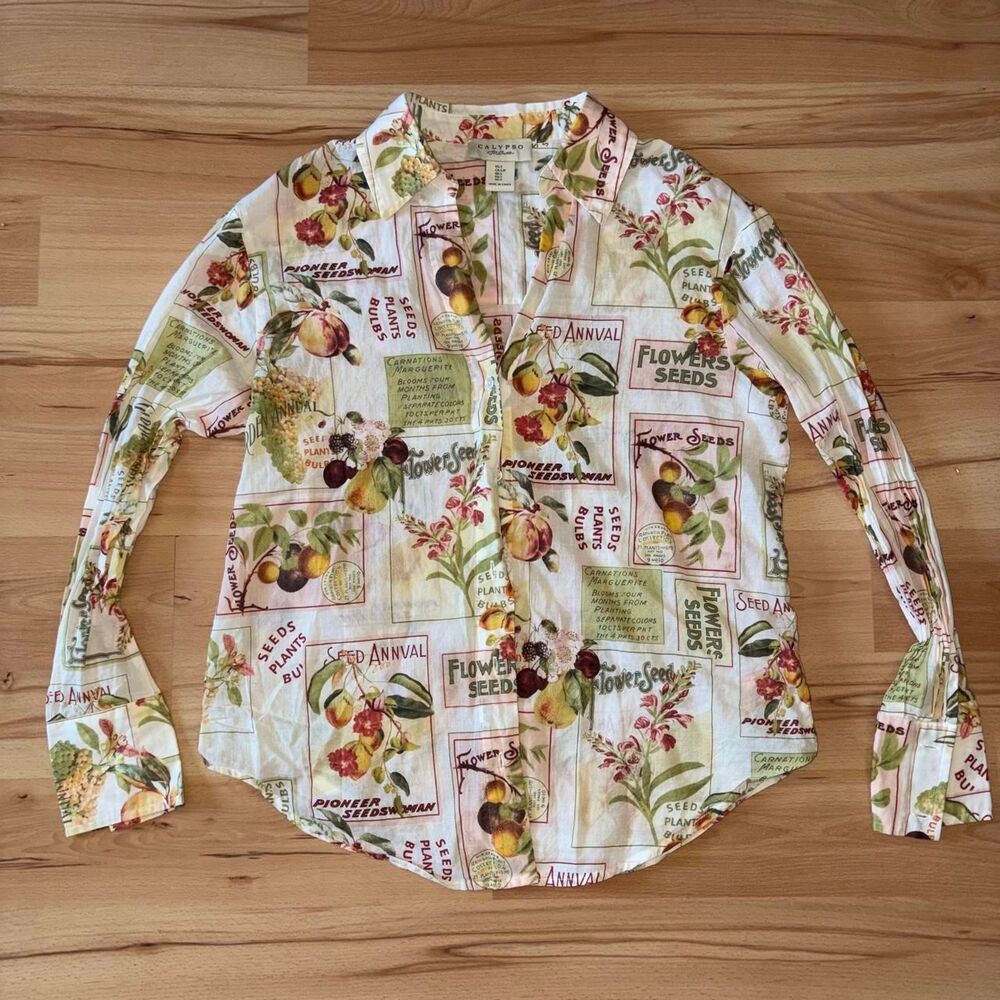 Calypso Floral Botanical Print Button Up Shirt size S
